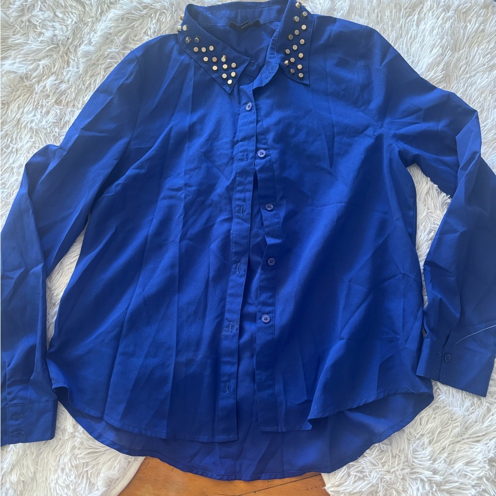 Mine Royal Blue Studded Collar Button Front Blouse Size Large